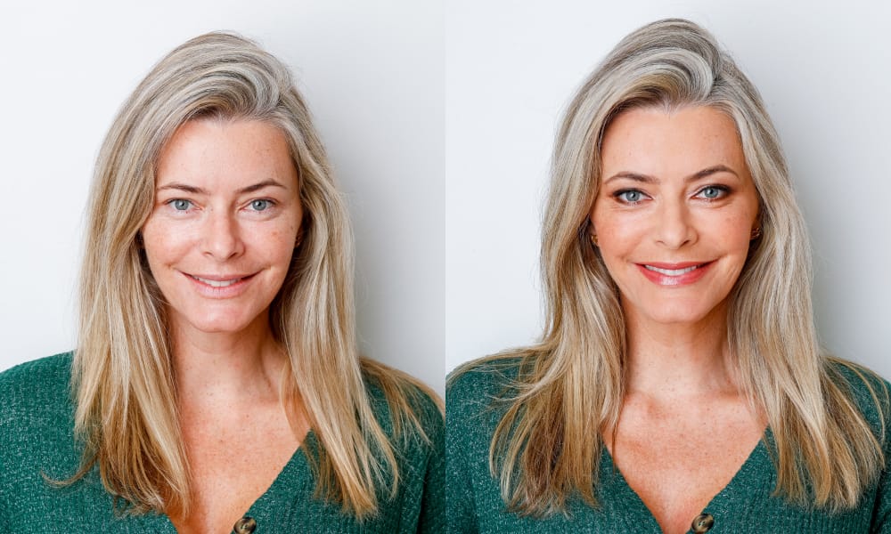 blond hair customer and client before and after makeup