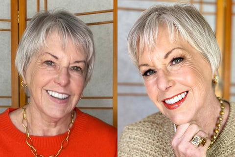 two images on left before and on right after makeup orange sweater and gold jacket