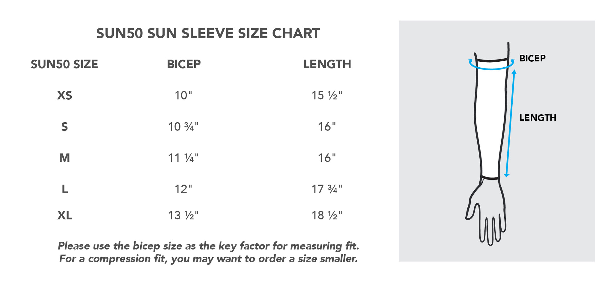 Sun Protection Arm Sleeve Size Chart - Sun50