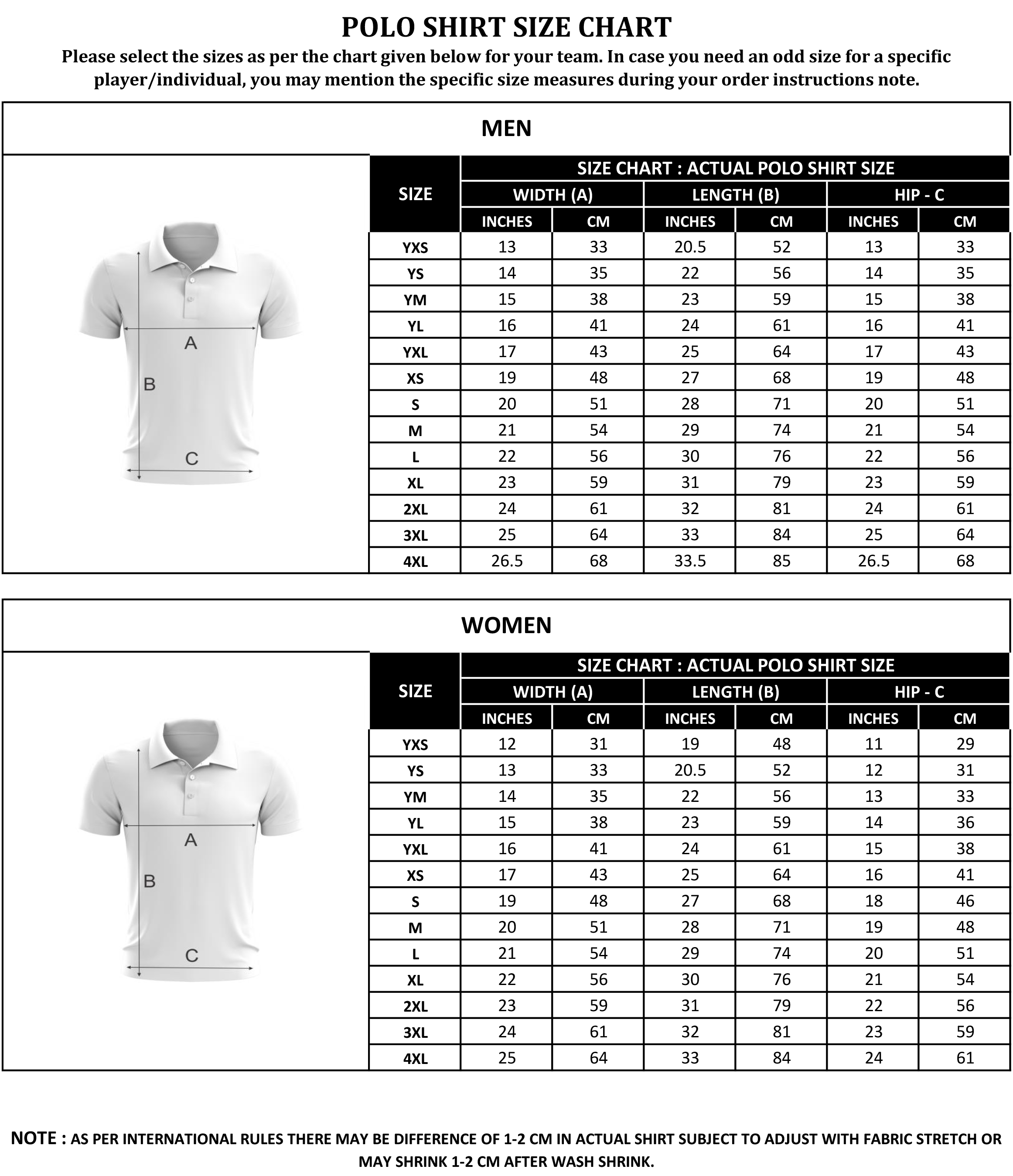 Australian team wear size charts | Sports Wear Tailor