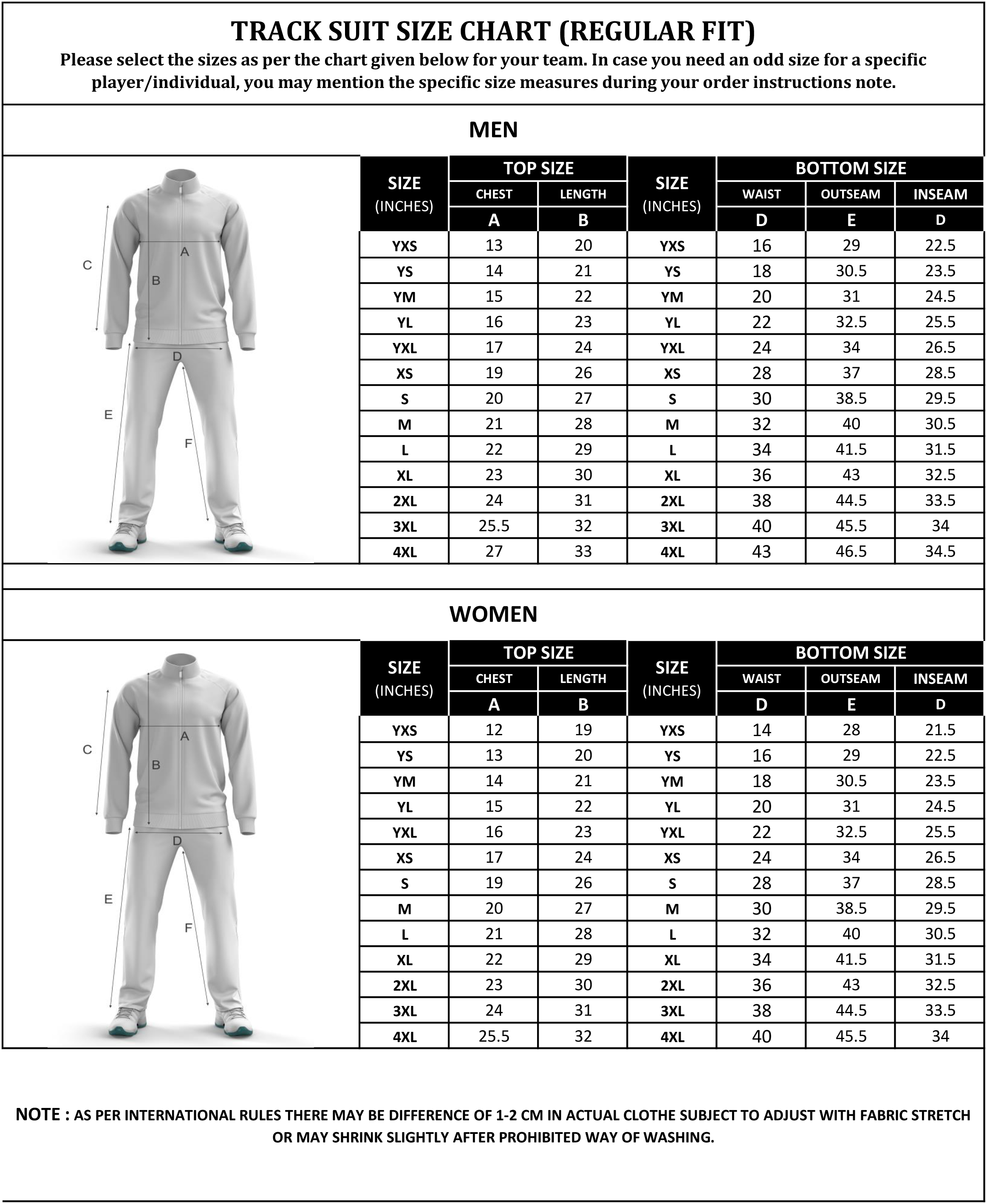 Track Suit Size Chart