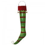 whimsical long curly toe christmas stocking ornament, green glittered metal with red horizontal stripes, trimmed with gold glittered jingle bells, 27"