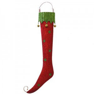 whimsical 27" metal christmas stocking ornament red with green glittered polka dots and jingle bells