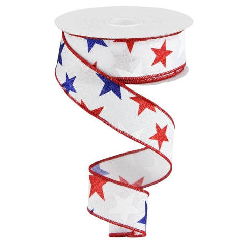 1.5" White with Red and Blue Stars Patriotic Ribbon at Trendy Tree