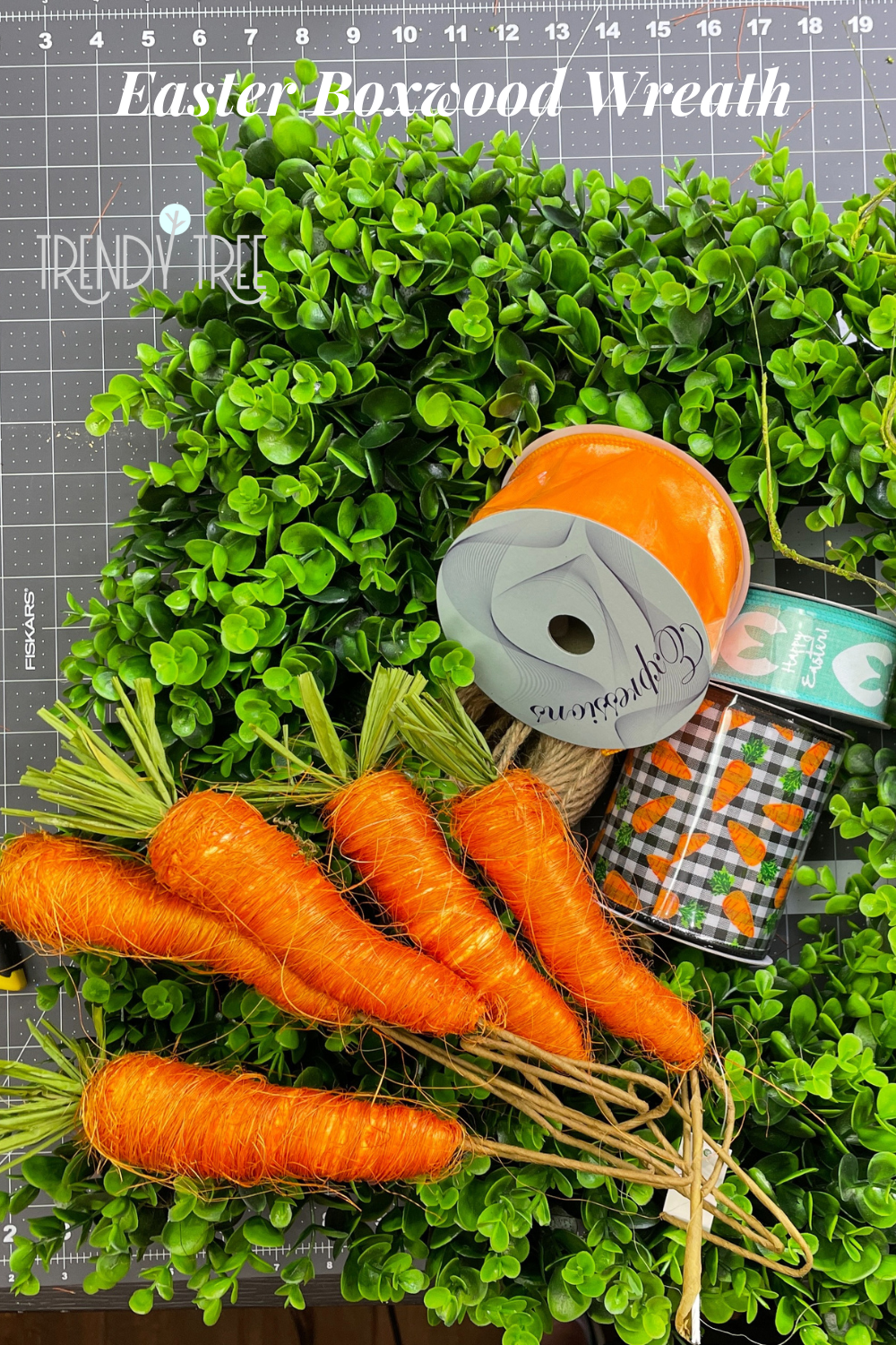 Supplies for Decorating a Boxwood Wreath for Easter