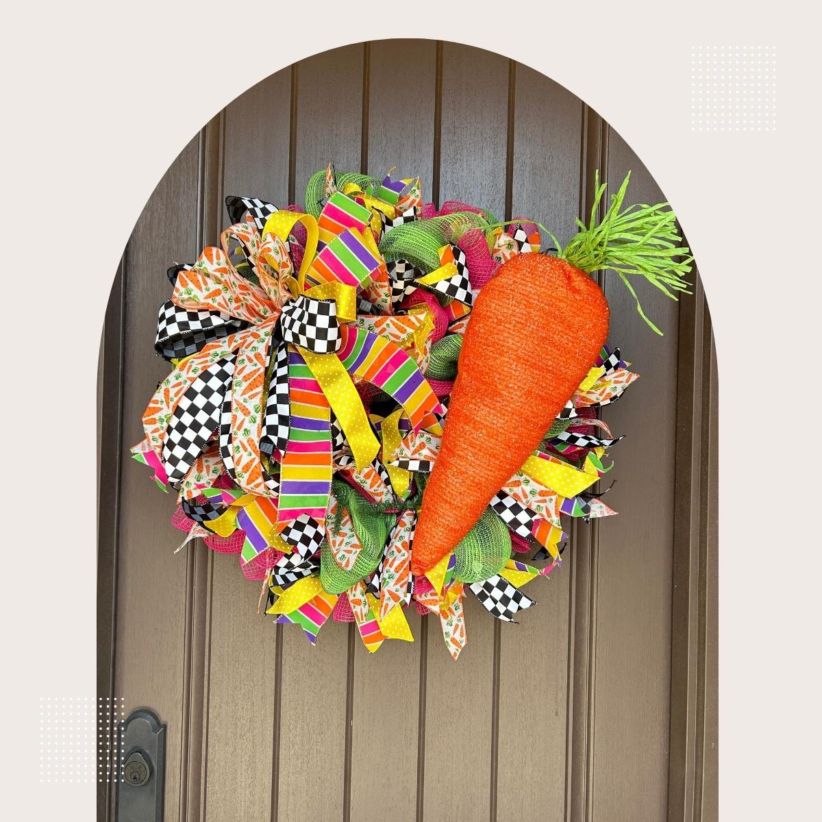 spring easter wreath with big stuffed carrot