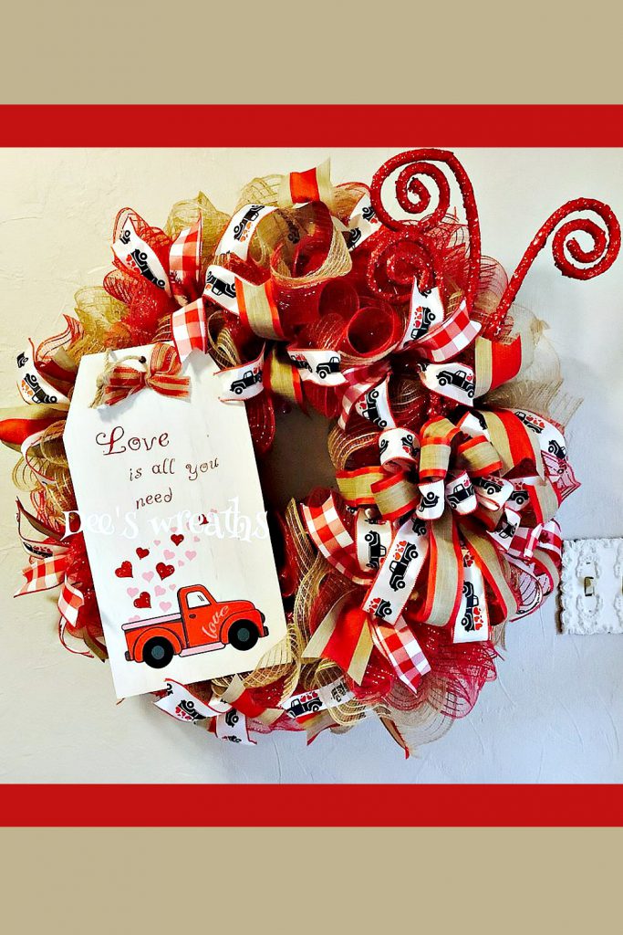 Red and Natural Valentine Wreath, Red Truck Valentine Wreath