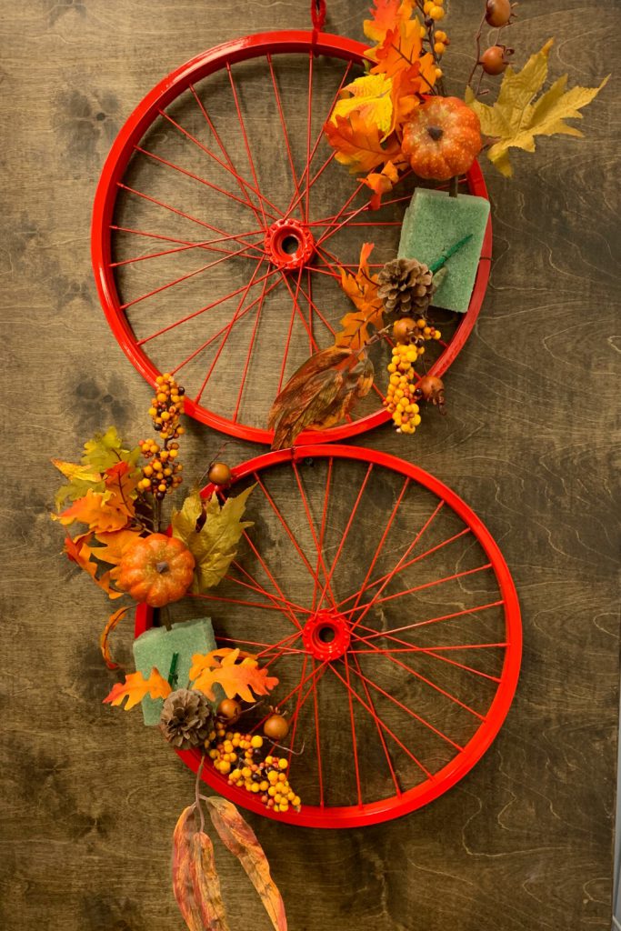 double door wreaths, bicycle wheel wreath, fall wreath, fall floral door hanger