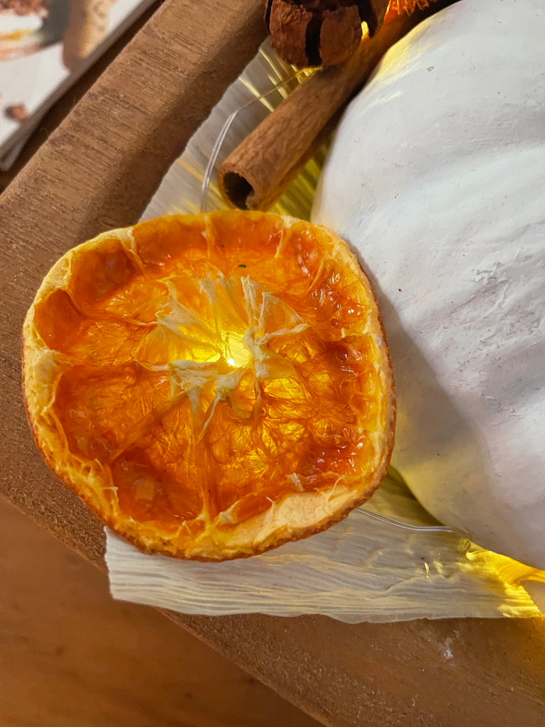 place tiny lights behind dried orange slices