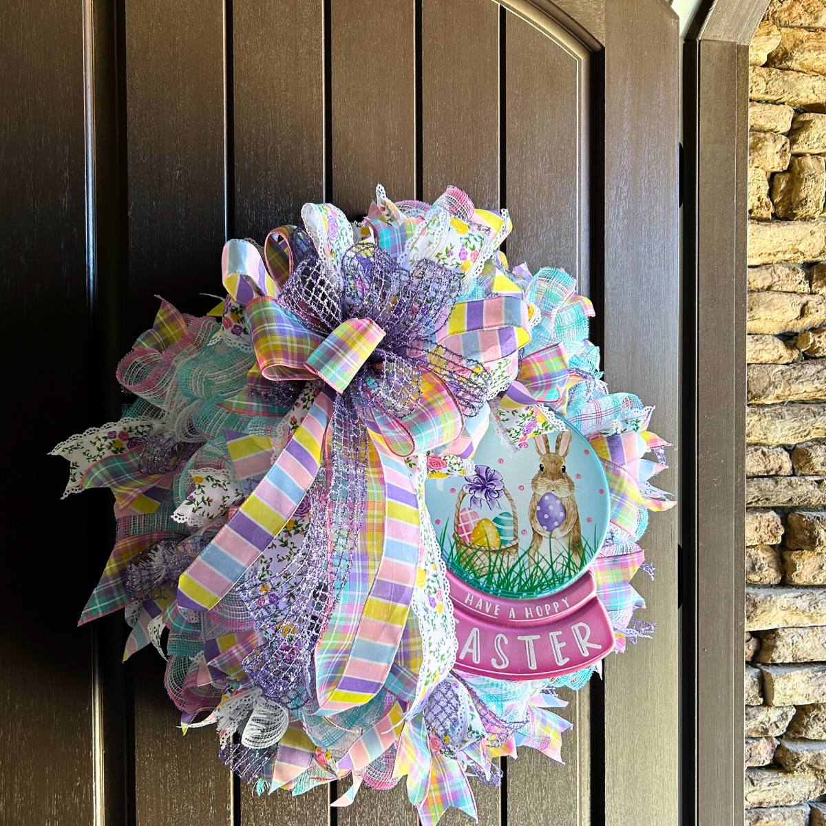 pastel deco mesh wreath with hoppy easter metal sign