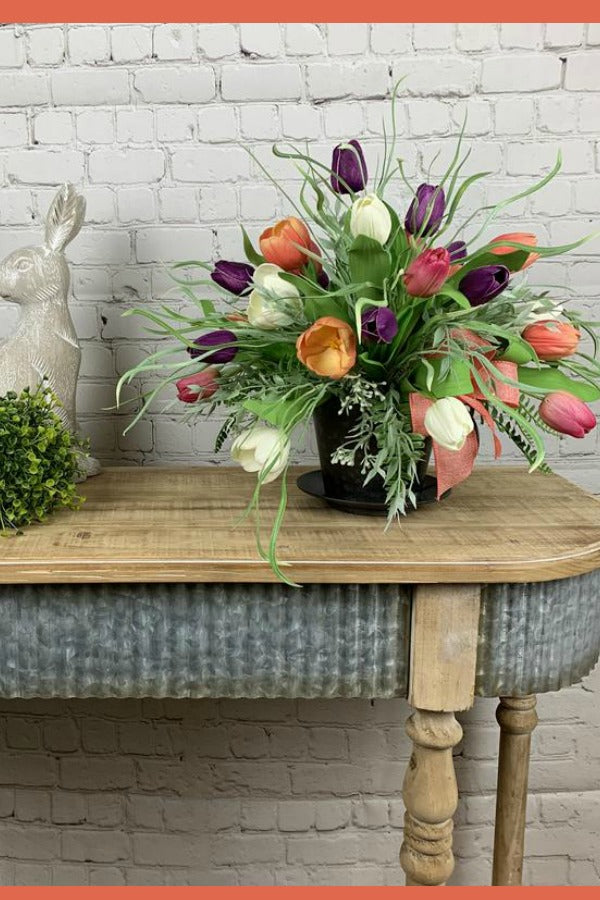 farmhouse flora, farm centerpiece, red flower arrangement