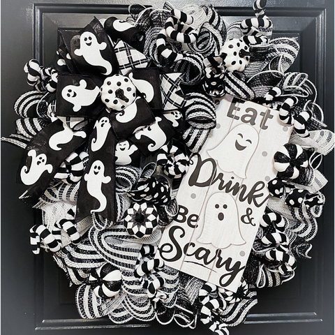 black and white halloween wreath with eat drink be scary sign