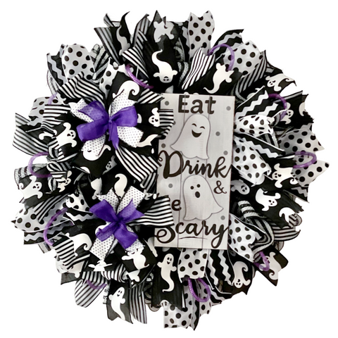 black white halloween wreath with eat drink be scary sign