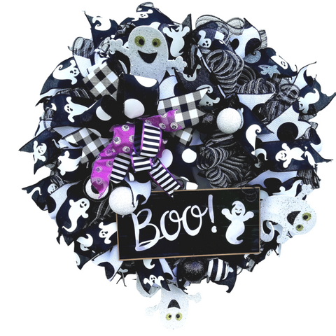 black and white halloween wreath with ghost and boo sign