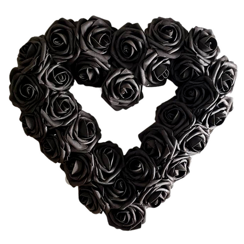 black halloween rose wreath in shape of a heart