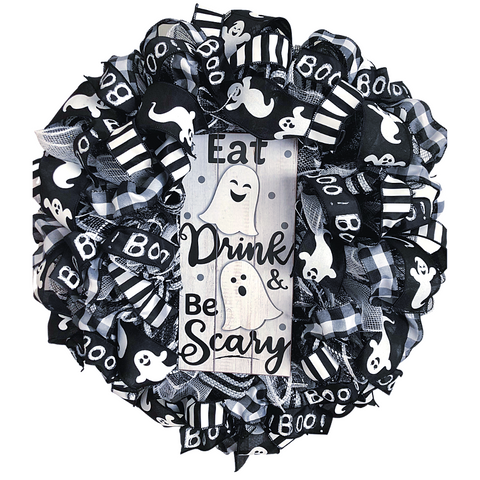 black and white halloween wreath with eat drink be scary sign