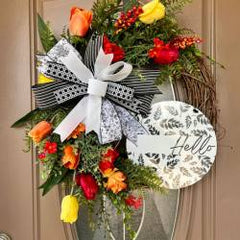 spring summer floral grapevine wreath with hello sign