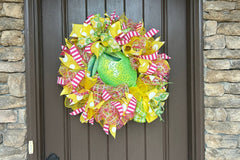 deco mesh ruffle wreath with metal embossed lie sign