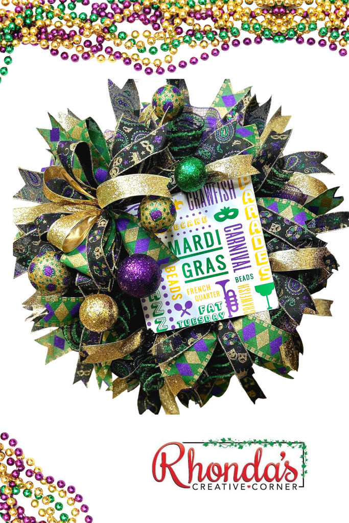 mardi gras wreath made with ruffle technique and deco mesh