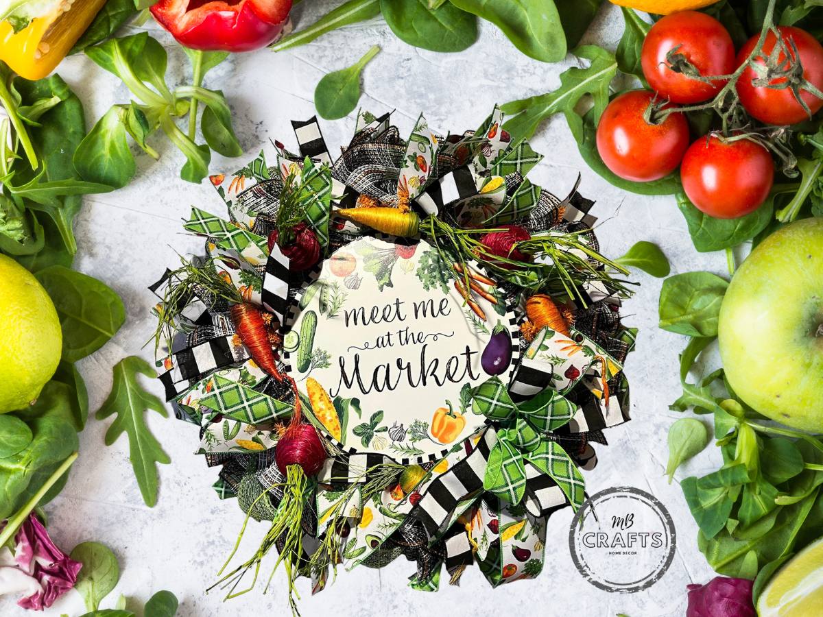 meet me at the market deco mesh wreath with metal sign and raffia veggies