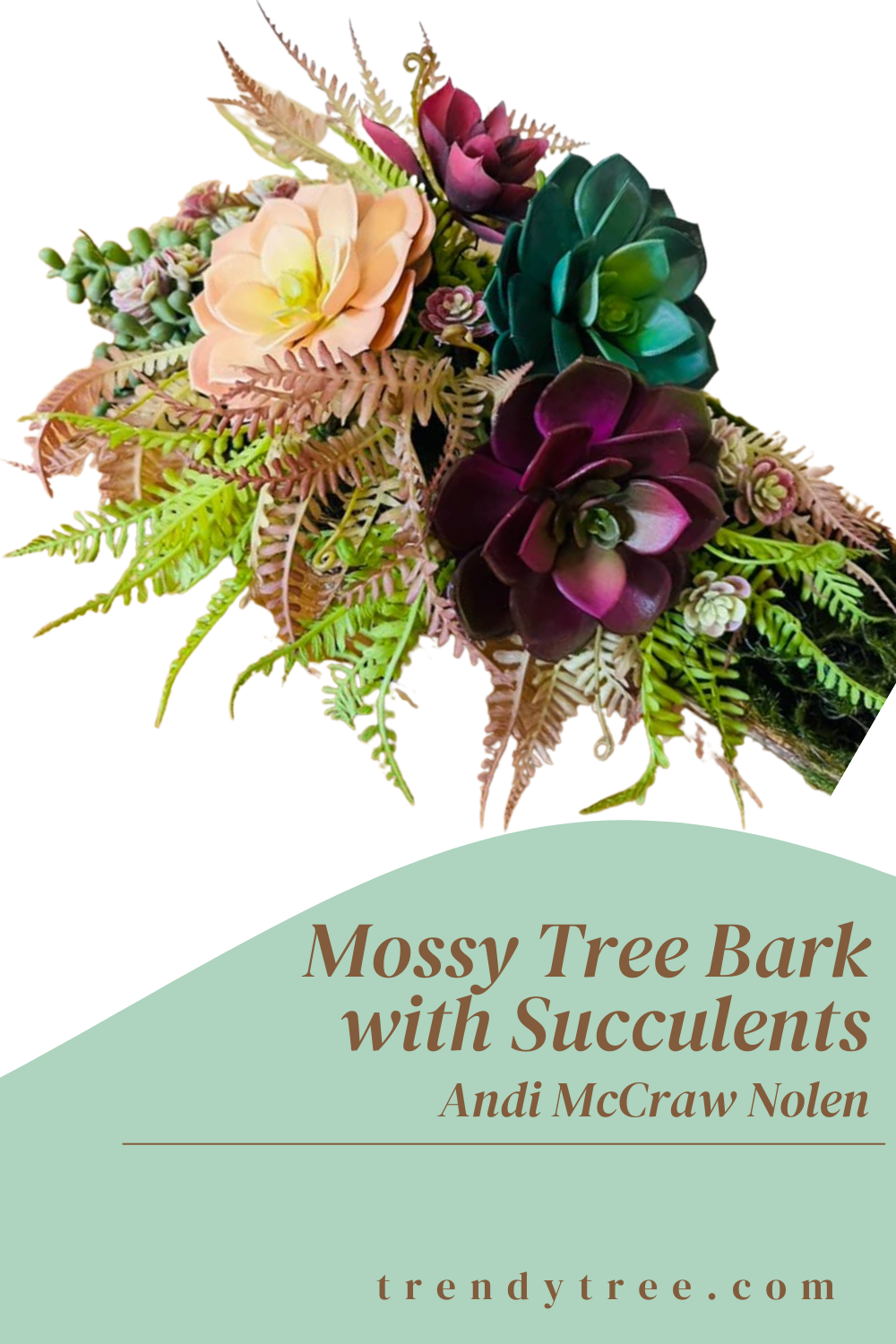 moss covered tree bark with jewel tone succulents