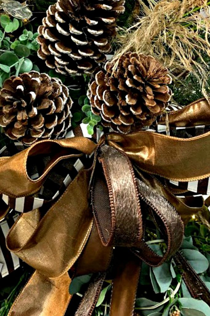 pinecone, horsehair ribbon, faux leather ribbon