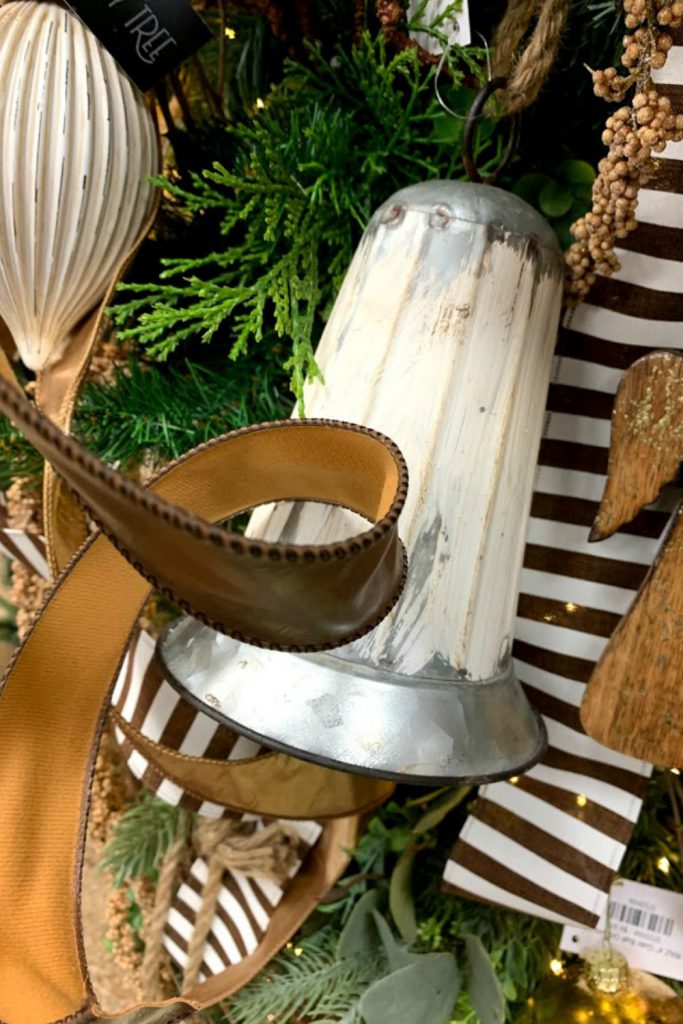 metal christmas bell, faux leather ribbon, chocolate stripe ribbon