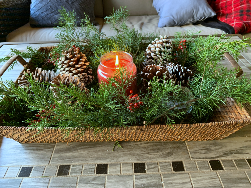 cedar branches, red berries, pinecones