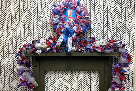 patriotic disco ball garland with deco mesh, ribbons, picks and sprays