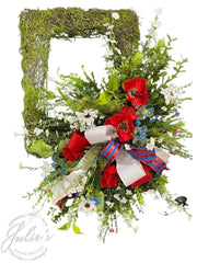 patriotic wreath tutorial using flowers on a moss form by julie's wreath boutique