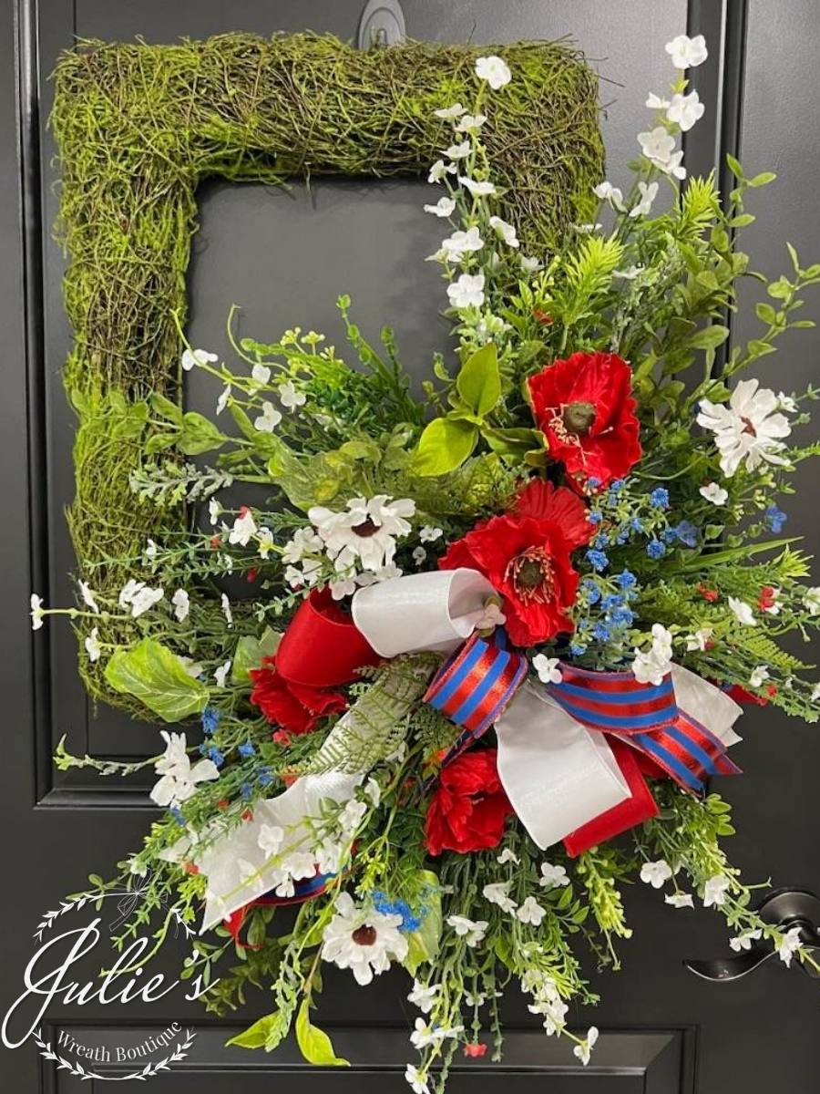 patriotic wreath on a moss rectangular form
