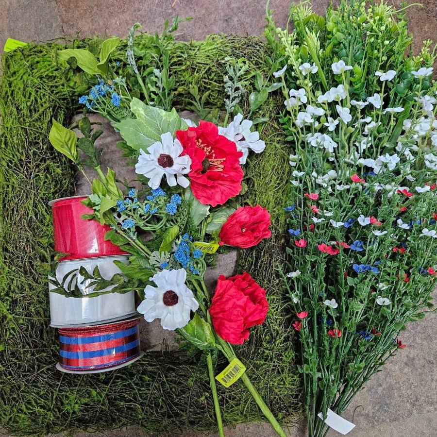 supplies to make a patriotic wreath on a moss form