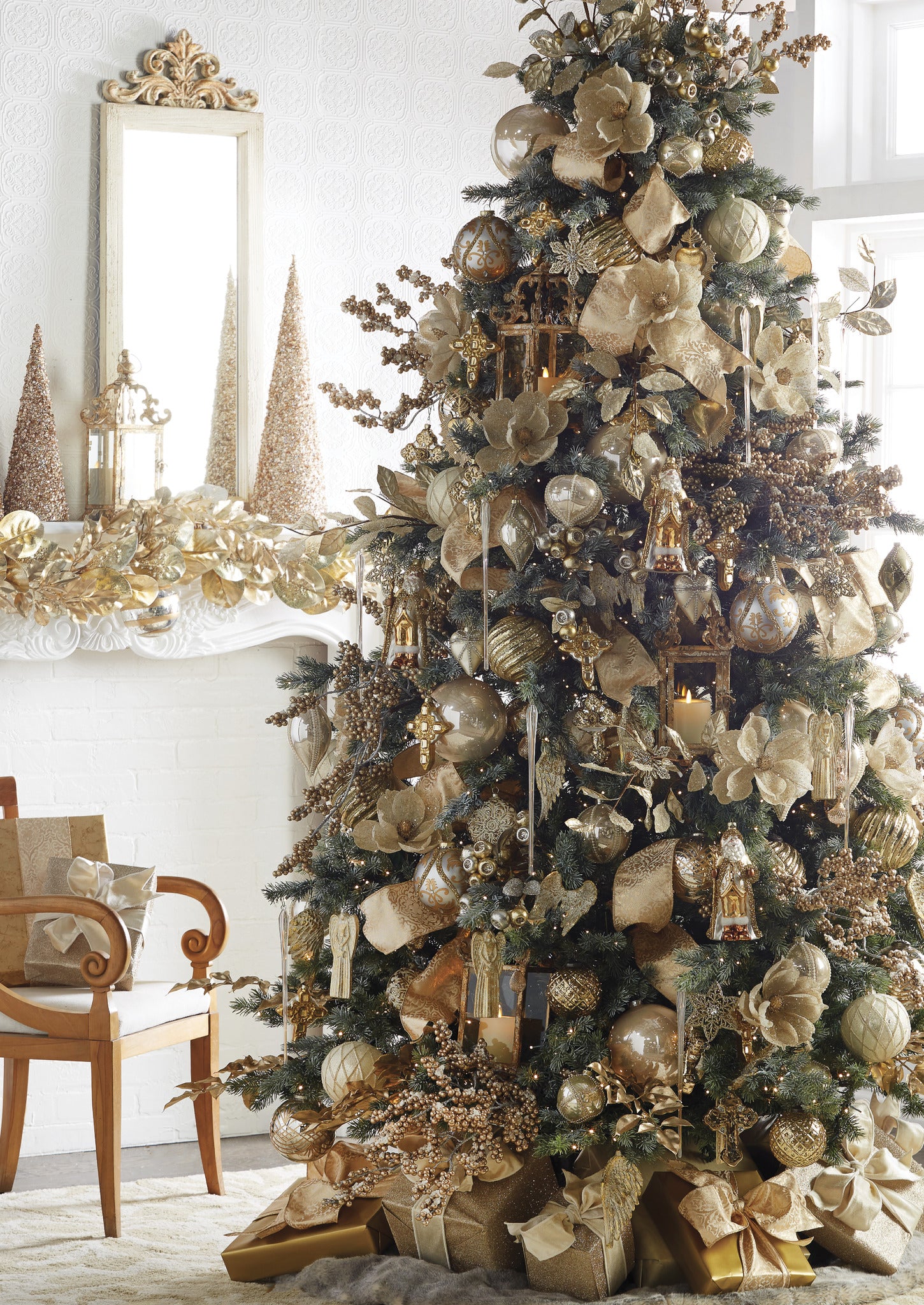 gold christmas tree, gold silver tree, gold champagne tree, raz peace on earth tree, raz christmas tree