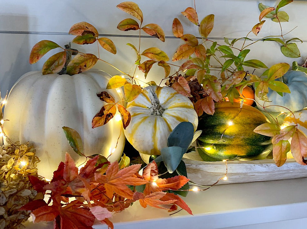 fall mantel floral arrangement, mantel decoration, gourds, squash pumpkin,, tiny lights