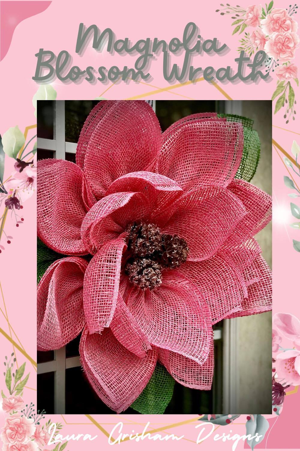 pink magnolia wreath made of poly burlap