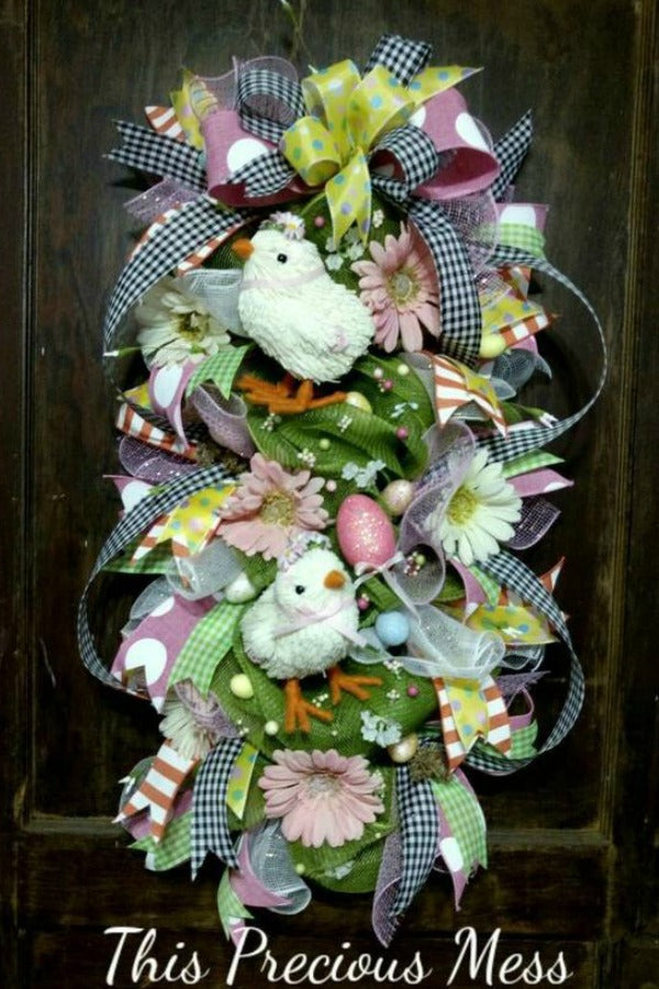 easter swag, easter wreath, door wreath, easter chick, spring flower wreath