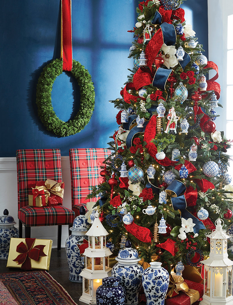 raz christmas tree, raz blue dresden tree, blue red christmas tree