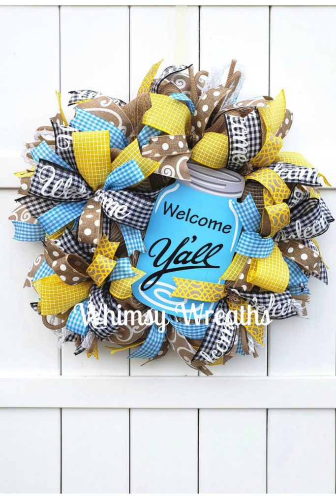 welcome wreath, gingham ribbon wreath, welcome y'all wreath