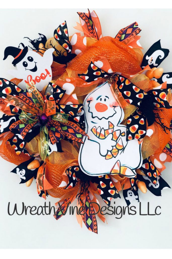 halloween wreath, spooky ghost wreath, got candy, boo wreath, orange black wreath