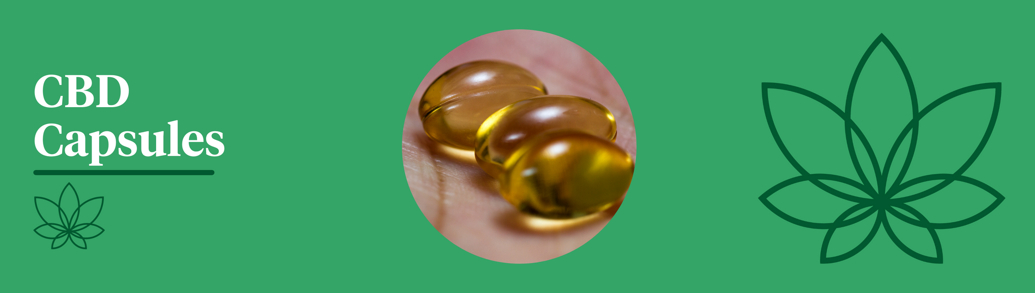 A green background with the Supreme CBD logo to the right with a large image in the centre showcasing a person's hand holding 3 CBD capsules. 