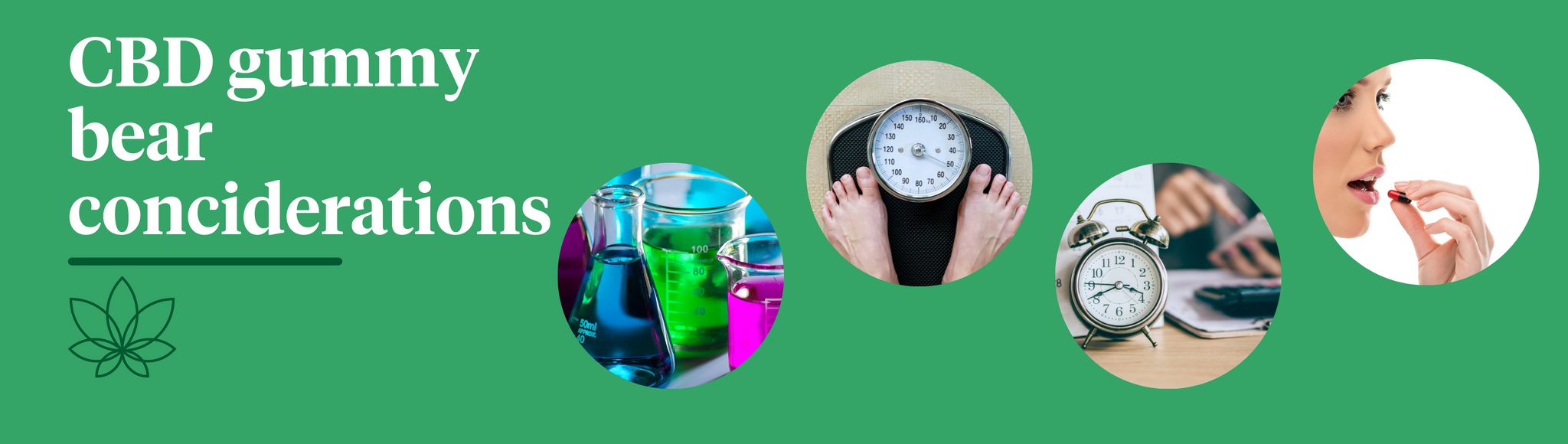 A green background with the Supreme CBD logo below white text saying "CBD Gummy Bear Considerations". Along with four images of chemicals, weight scales, a clock and a woman taking a pill. 