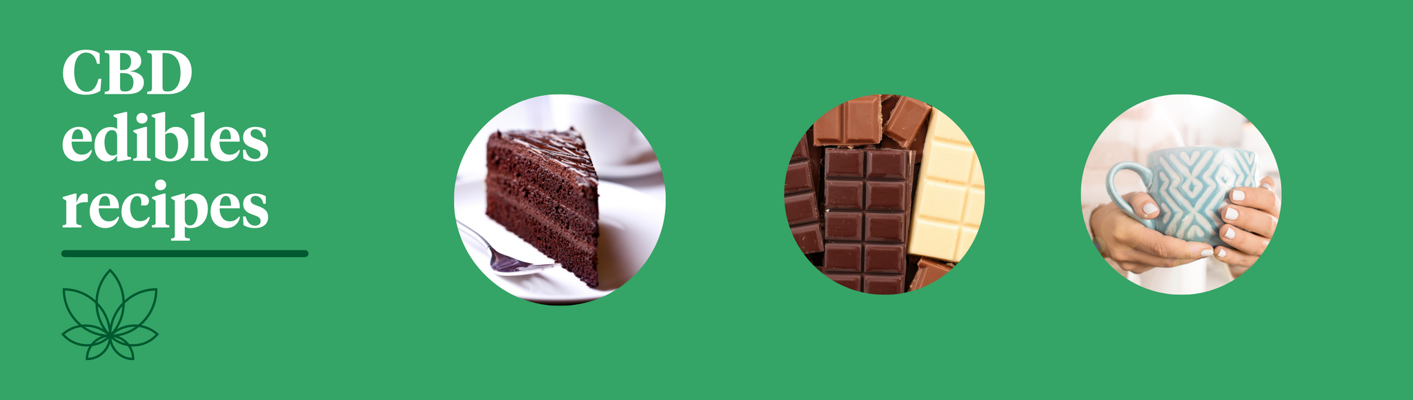 A green background with the Supreme CBD logo showcasing CBD edibles recipes. One image showcasing a chocolate cake, the other shows multiple chocolate bars, one of milk chocolate, two showing dark and a bar of white chocolate. the final image shows a cup of tea.