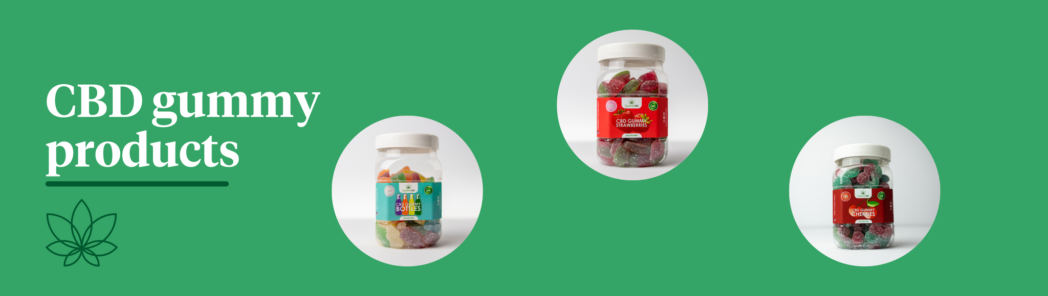 A green background with three images of Supreme CBD products, CBD bottles, CBD strawberries and CBD cherries.