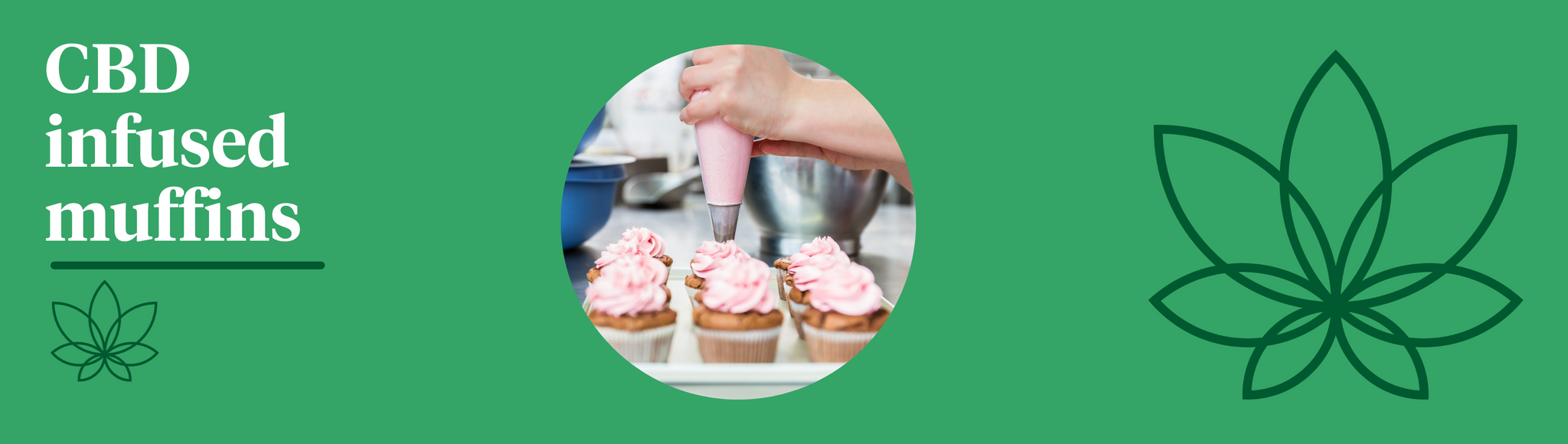 A green background with the Supreme CBD logo to the right and a selection of cbd infused muffins in the centre showing the best way to take CBD oil.