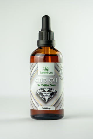 A Supreme CBD oil bottle with a grey label on a white background.