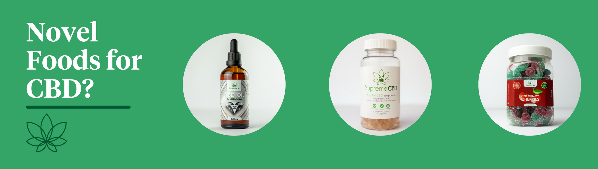 A green background with CBD oil, capsules and gummy cherries to indicate what Novel Foods means for CBD.