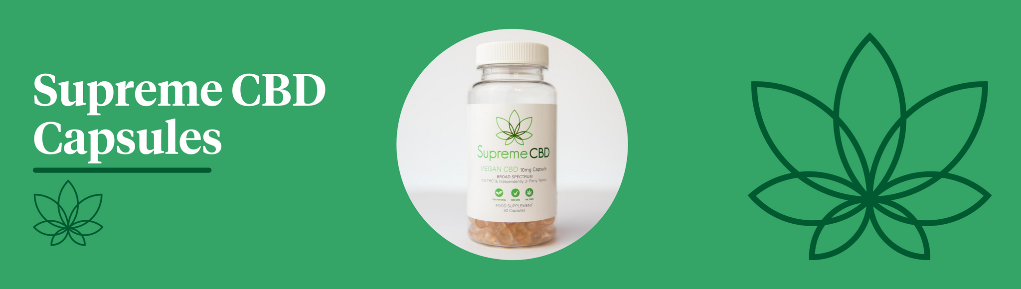 A green background with the Supreme CBD logo to the right and a bottle of Supreme CBD capsules in the centre of the image.