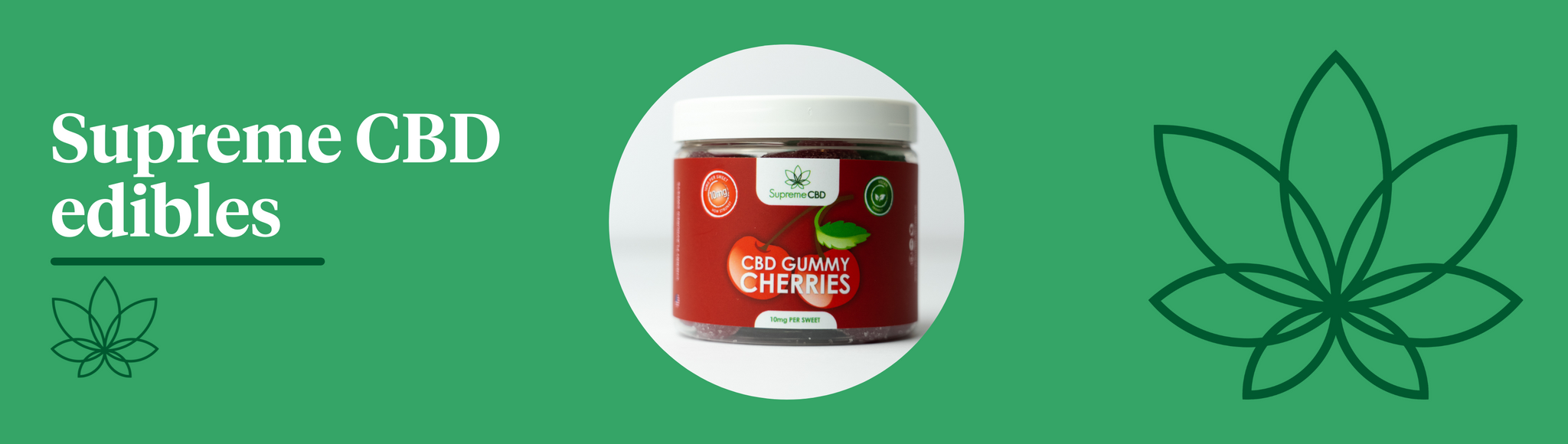 A green background with the Supreme CBD logo to the right and some Supreme CBD cherry gummies in the centre of the image.