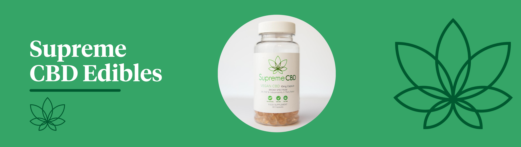 A green background with the Supreme CBD logo to the right and a bottle of Supreme CBD edible capsules in the centre