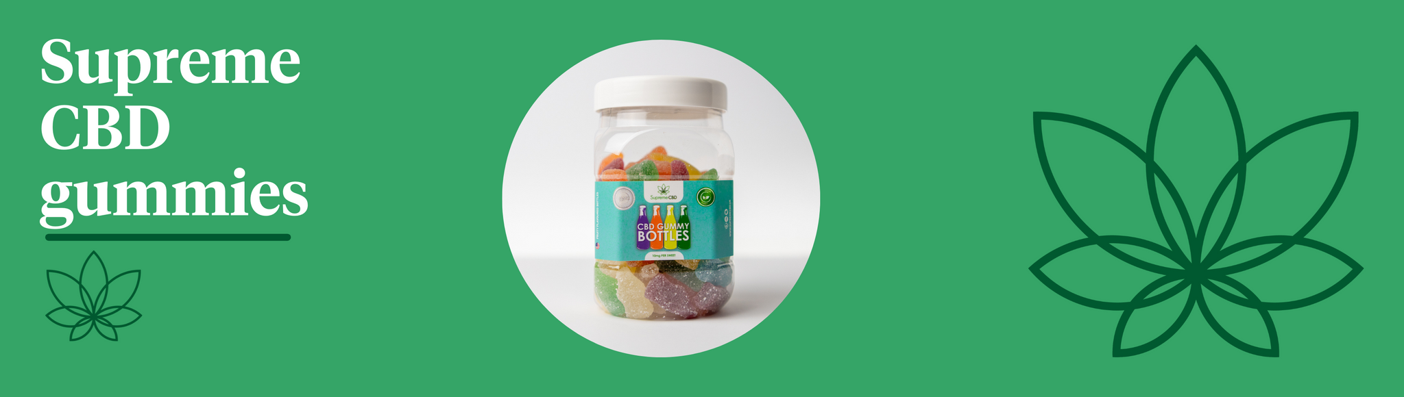 A green background with the Supreme CBD logo and a bottle of CBD gummies in the centre showing Supreme CBD gummies.